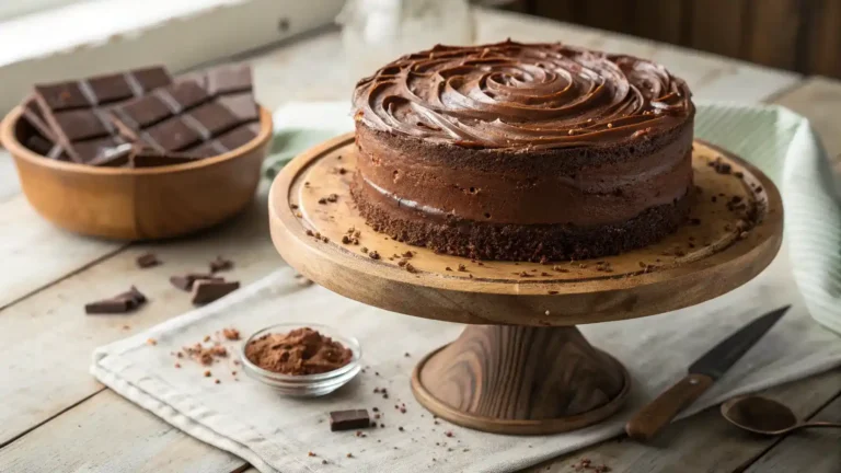 Moist chocolate layer cake with glossy frosting on wooden stand