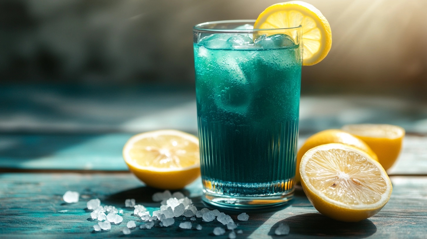 Blue salt trick drink with lemon and ice in a glass