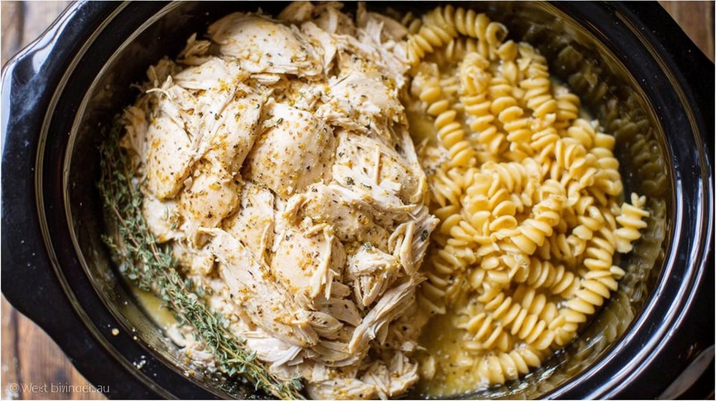 Crockpot filled with creamy garlic parmesan chicken topped with herbs