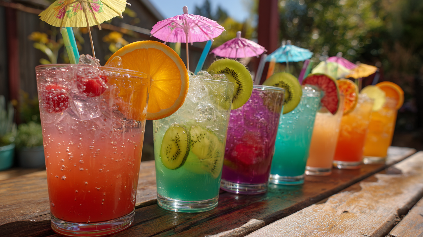 Colorful kid-friendly mocktails on a wooden table