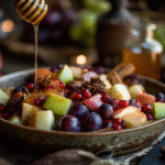 Fall fruit salad in a rustic bowl with fresh fruits and cinnamon dressing