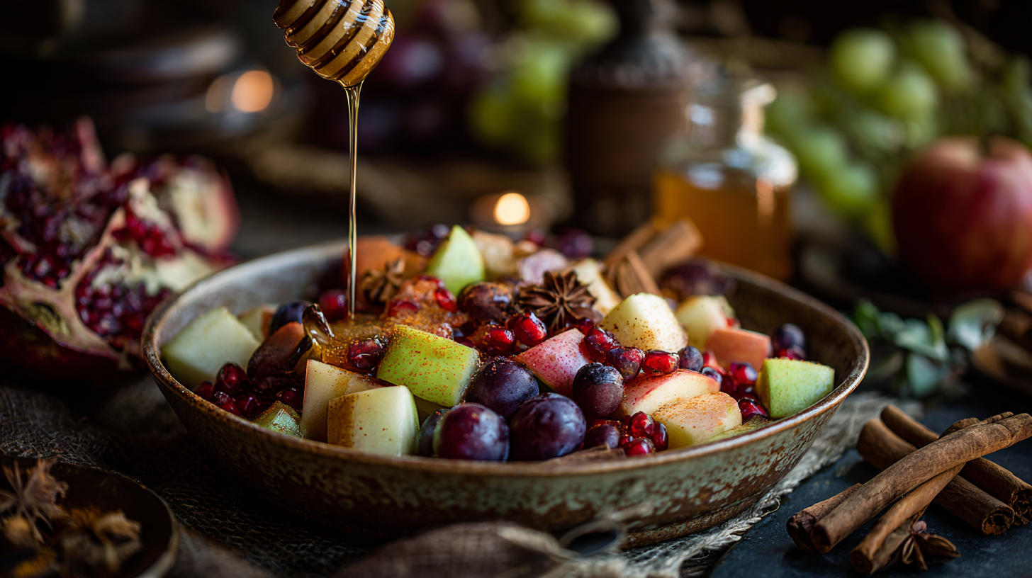 Fall fruit salad in a rustic bowl with fresh fruits and cinnamon dressing