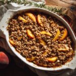 Rustic peach crisp in a baking dish with fresh peaches