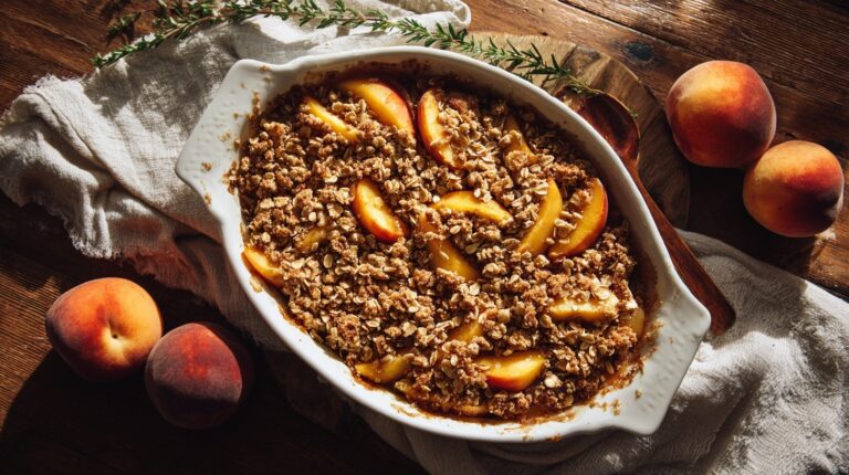 Rustic peach crisp in a baking dish with fresh peaches