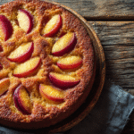 Rustic Brown Sugar Peach Cake on a wooden table