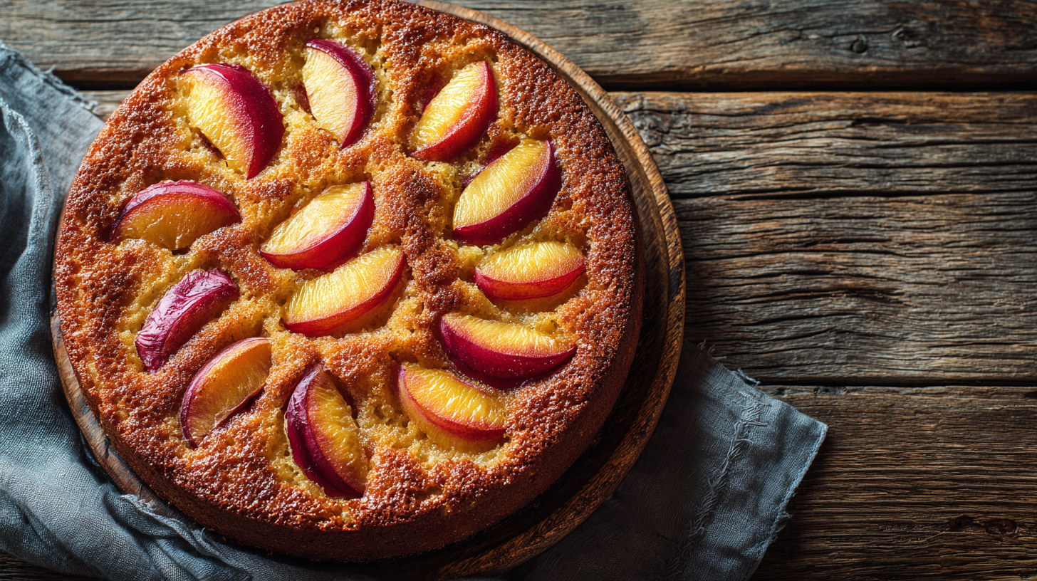 Rustic Brown Sugar Peach Cake on a wooden table