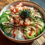 Overhead view of California Roll Sushi Bowl with fresh toppings