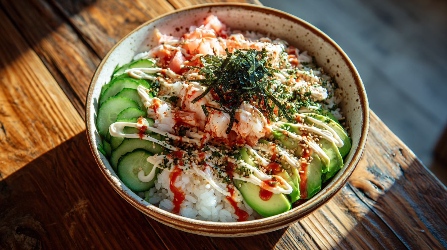 Overhead view of California Roll Sushi Bowl with fresh toppings