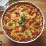 Overhead view of baked pasta with golden melted cheese