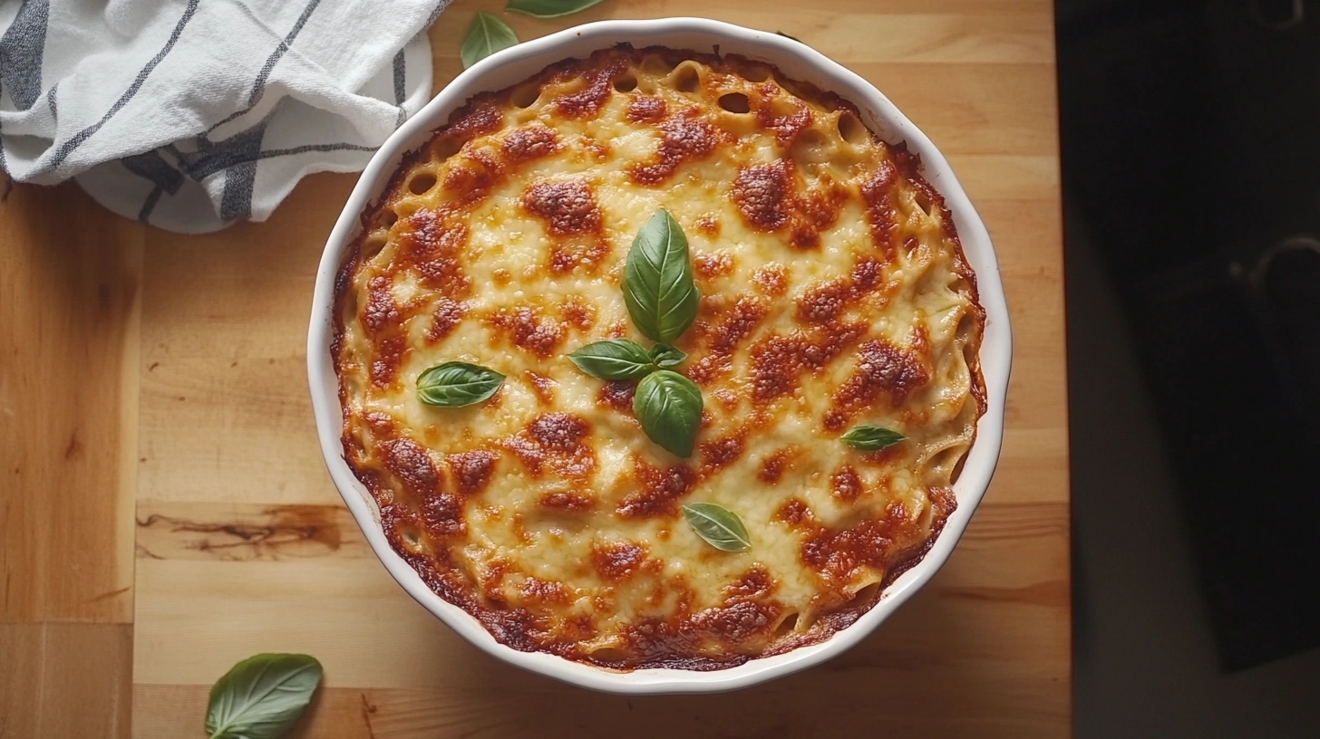 Overhead view of baked pasta with golden melted cheese