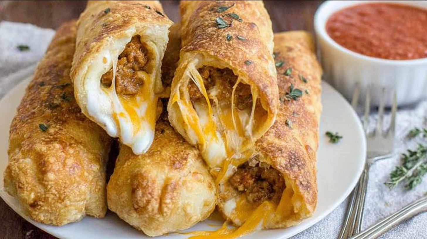 Cheesy taco sticks on a wooden board with dipping sauces