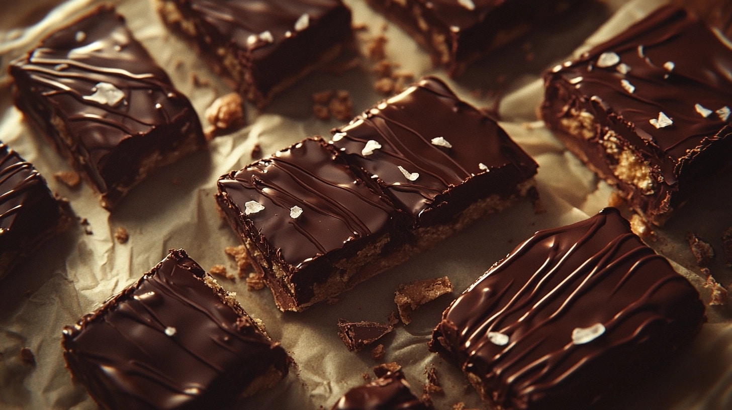 Chocolate ASMR bars on parchment with glossy drizzle