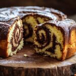 Chocolate vanilla swirl cake on wooden table