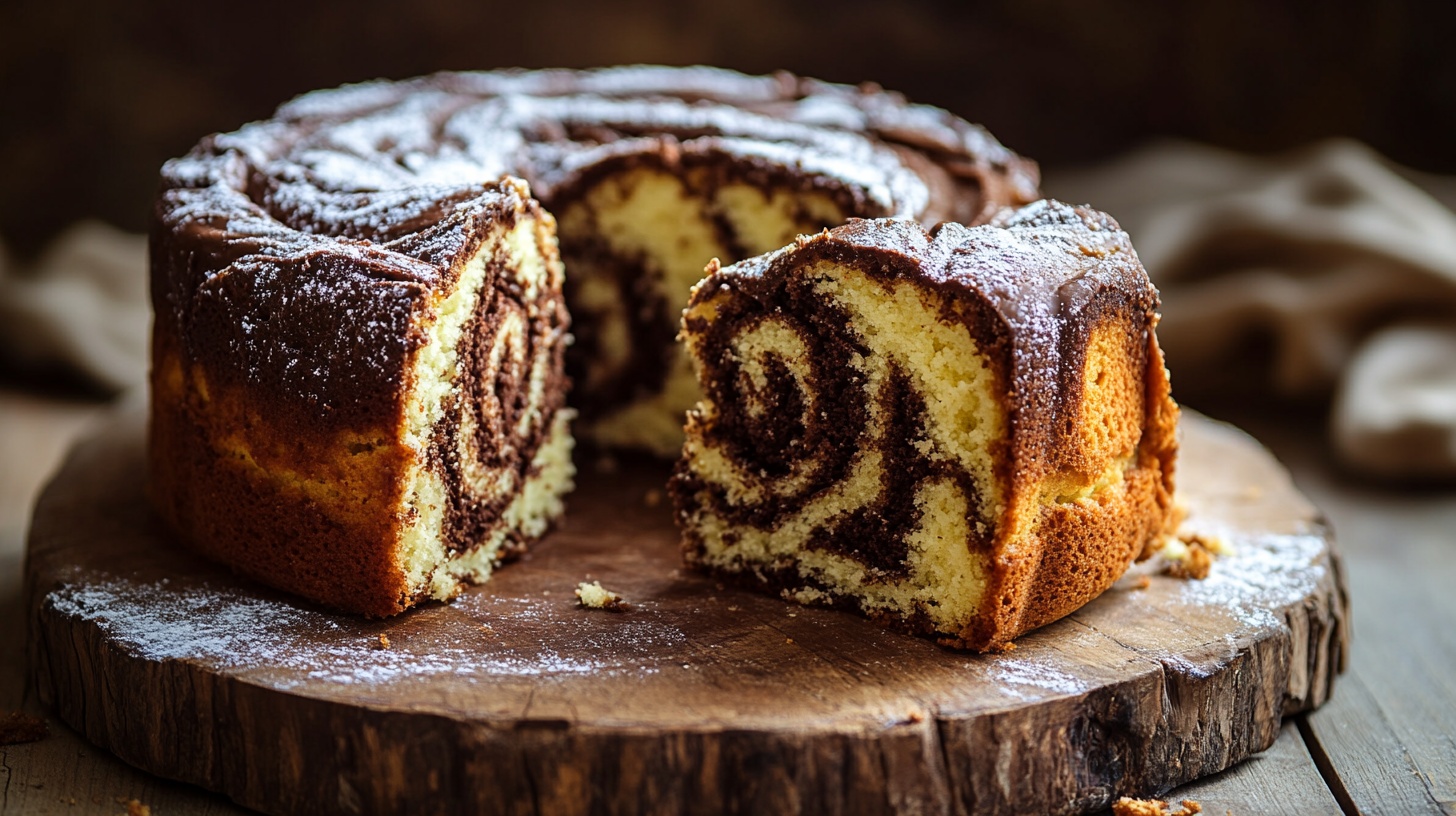 Chocolate vanilla swirl cake on wooden table