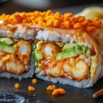 Flamin’ Hot Sushi Burrito sliced in half with spicy layers
