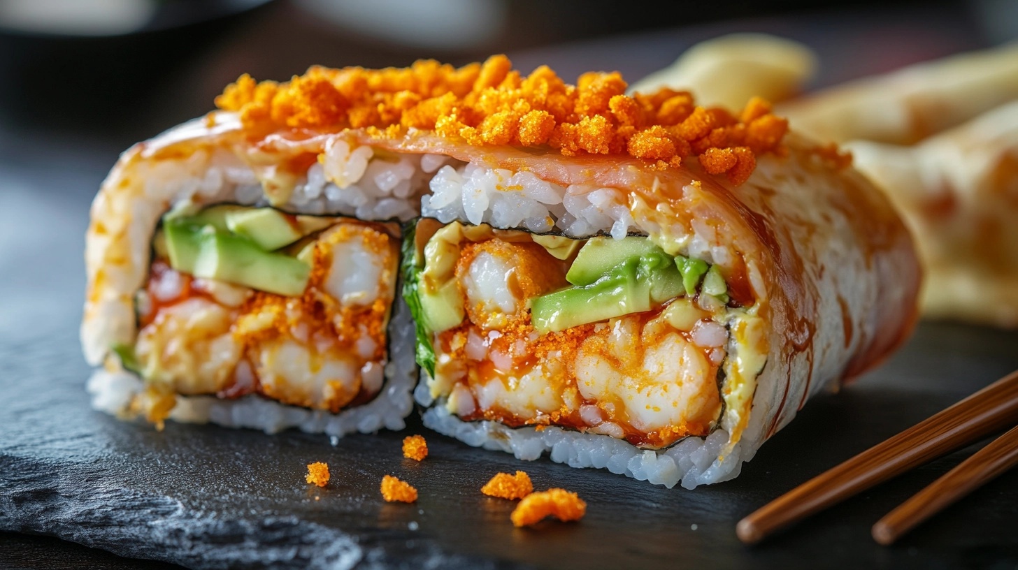Flamin’ Hot Sushi Burrito sliced in half with spicy layers