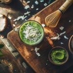 Iced coconut matcha with macaroons and mint