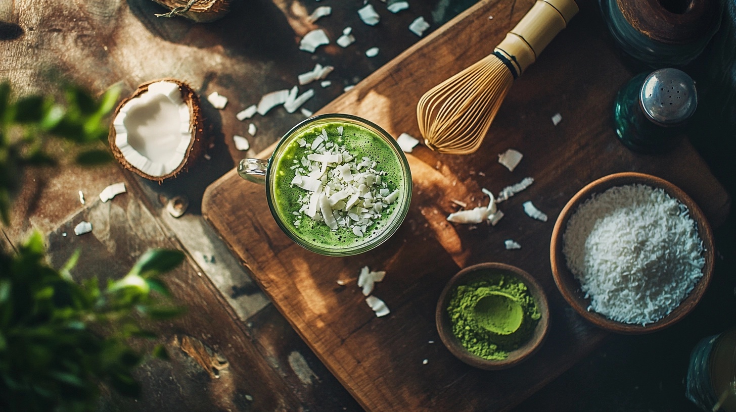 Iced coconut matcha with macaroons and mint