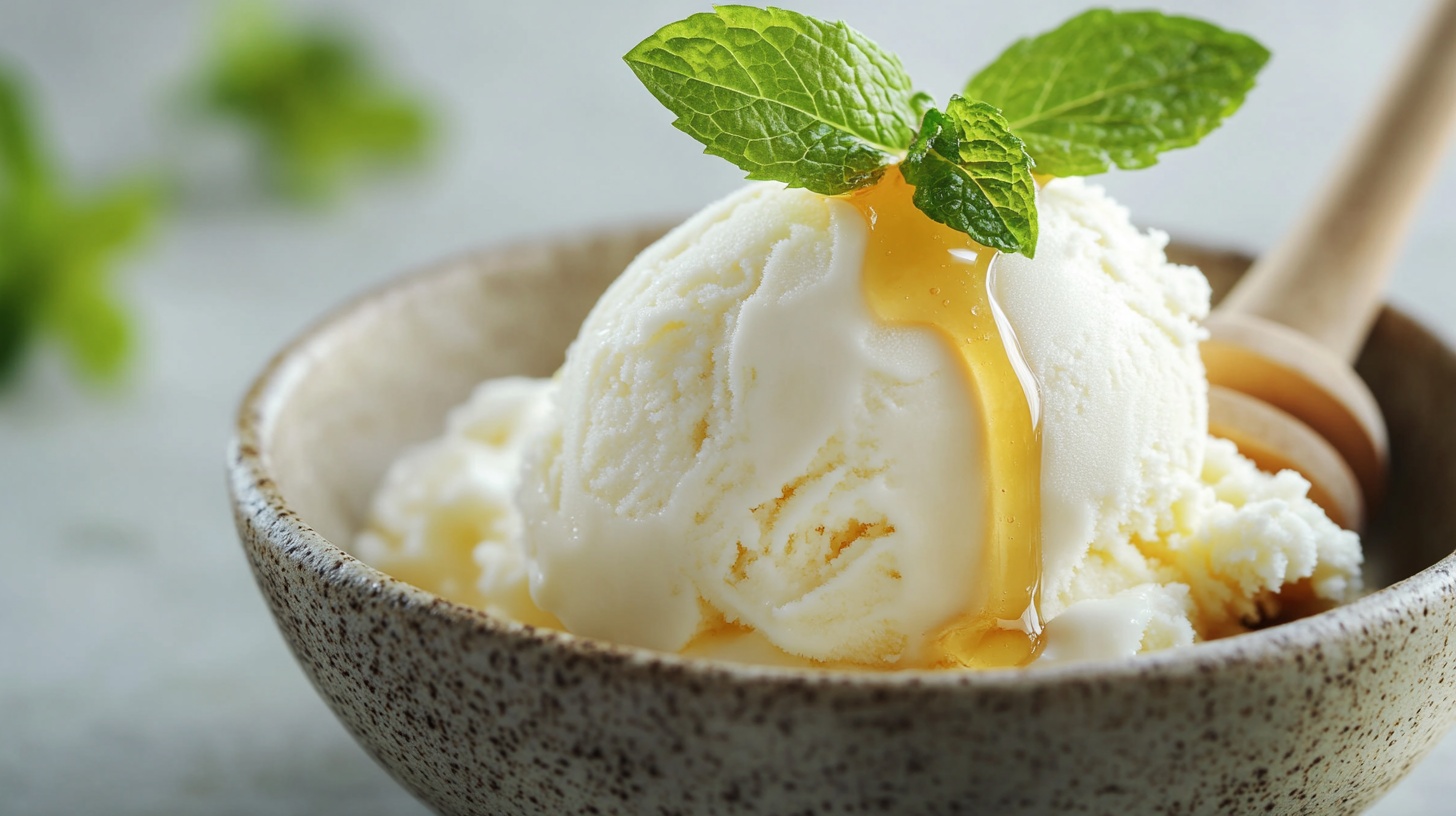 Creamy cottage cheese ice cream in a bowl with honey and mint