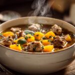 Bowl of Italian sausage butternut squash soup with bread