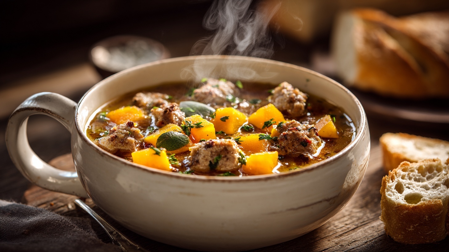 Bowl of Italian sausage butternut squash soup with bread