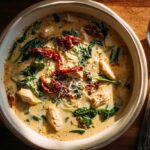 Creamy Marry Me Tuscan Chicken Soup in rustic bowl