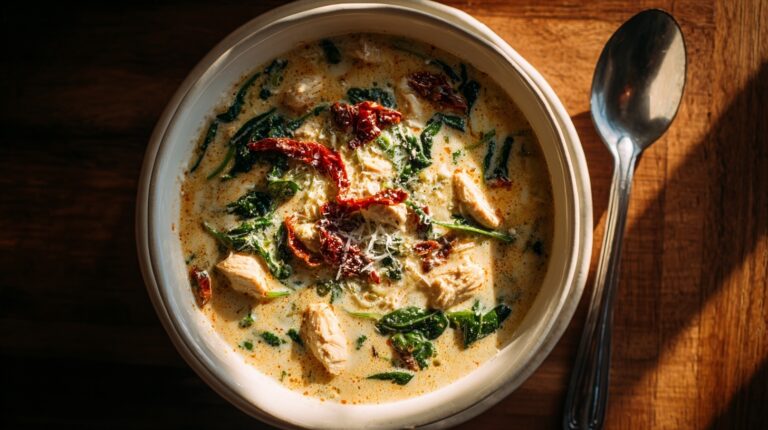 Creamy Marry Me Tuscan Chicken Soup in rustic bowl