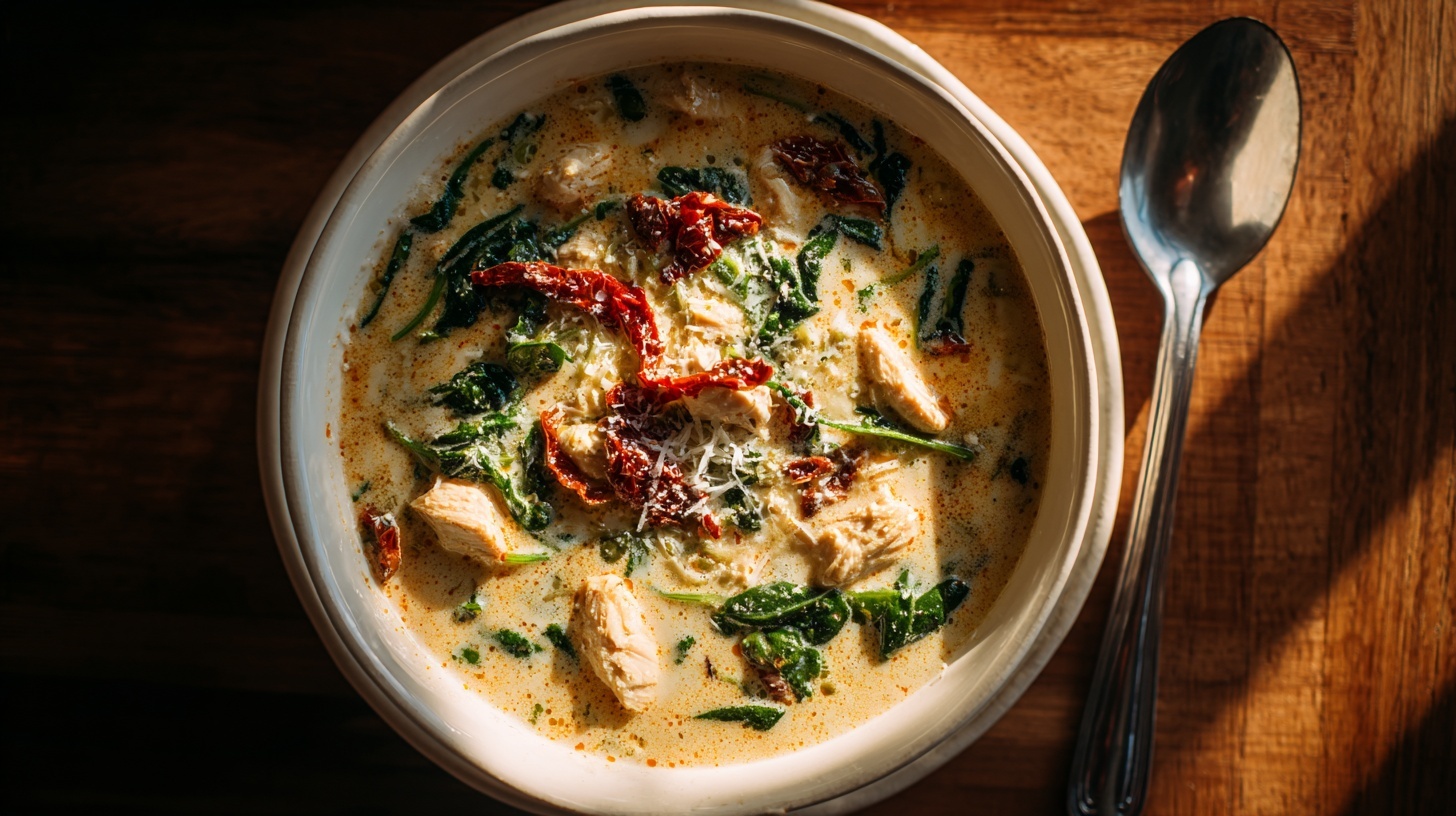 Creamy Marry Me Tuscan Chicken Soup in rustic bowl