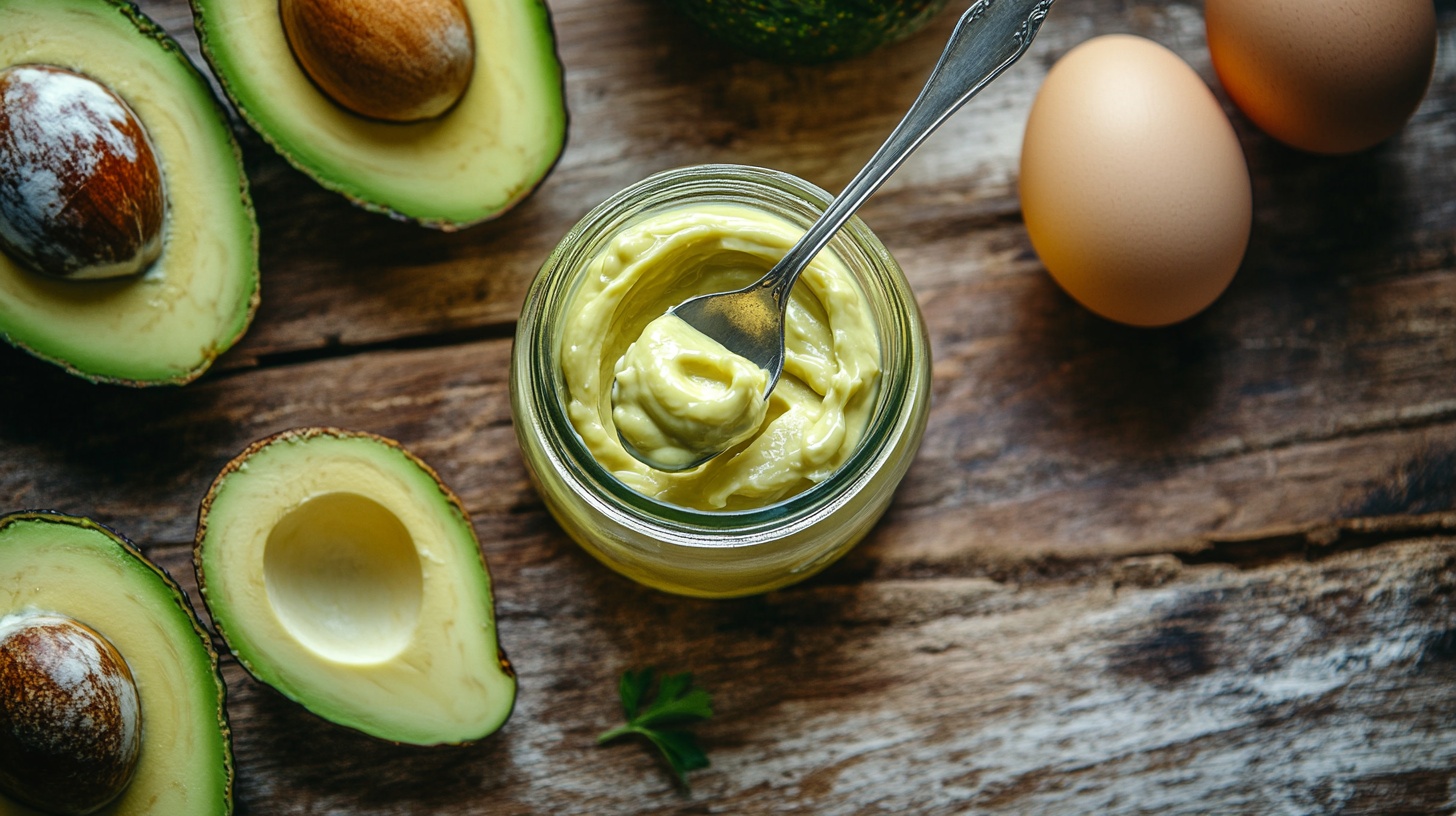Jar of homemade mayonnaise with avocado oil on rustic table