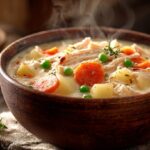 Creamy Healthy Chicken Pot Pie Soup in a rustic bowl