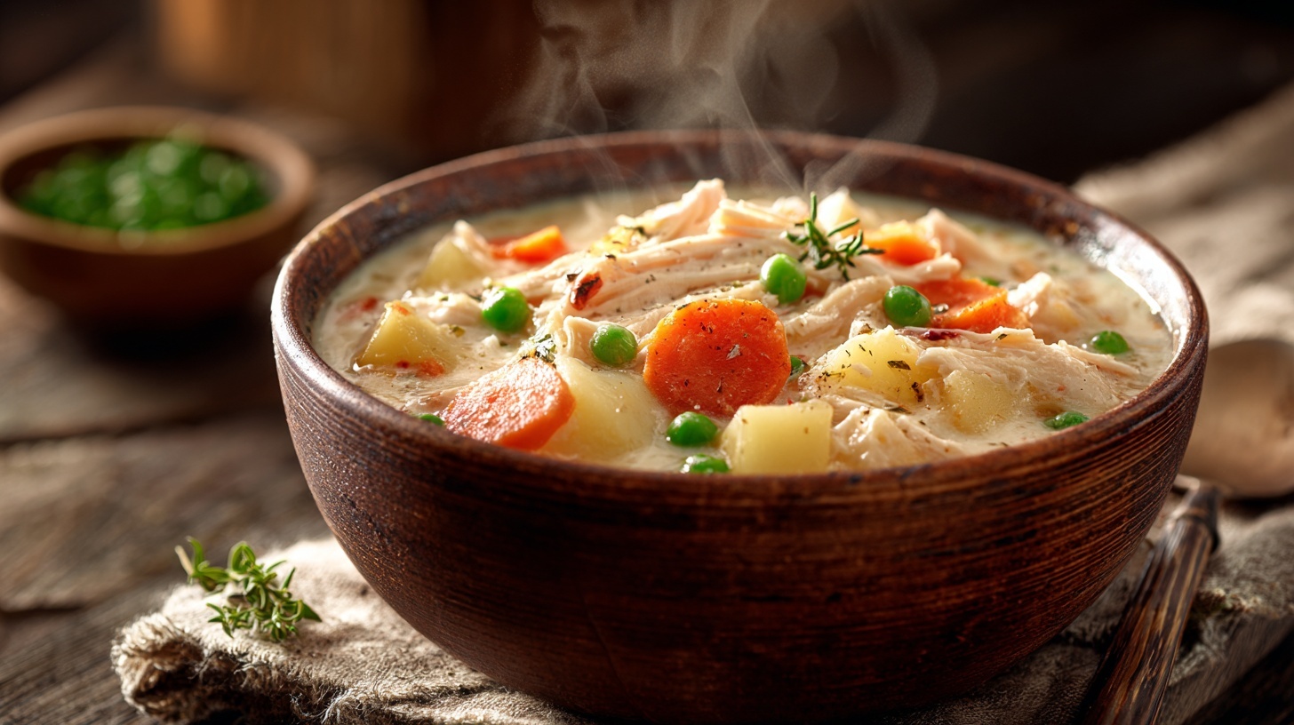 Creamy Healthy Chicken Pot Pie Soup in a rustic bowl
