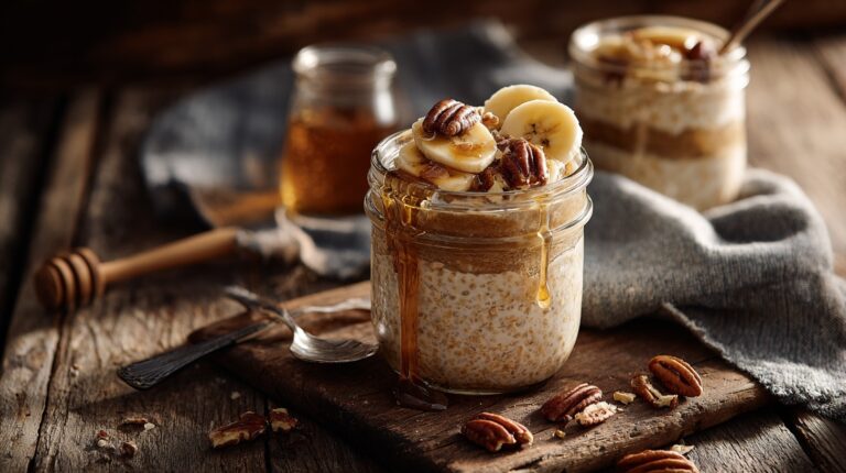 Brown Sugar Overnight Oats in a jar topped with bananas and pecans
