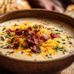 Creamy Crock Pot Cheeseburger Soup served with crusty bread