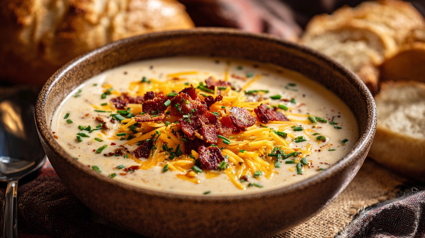 Creamy Crock Pot Cheeseburger Soup served with crusty bread