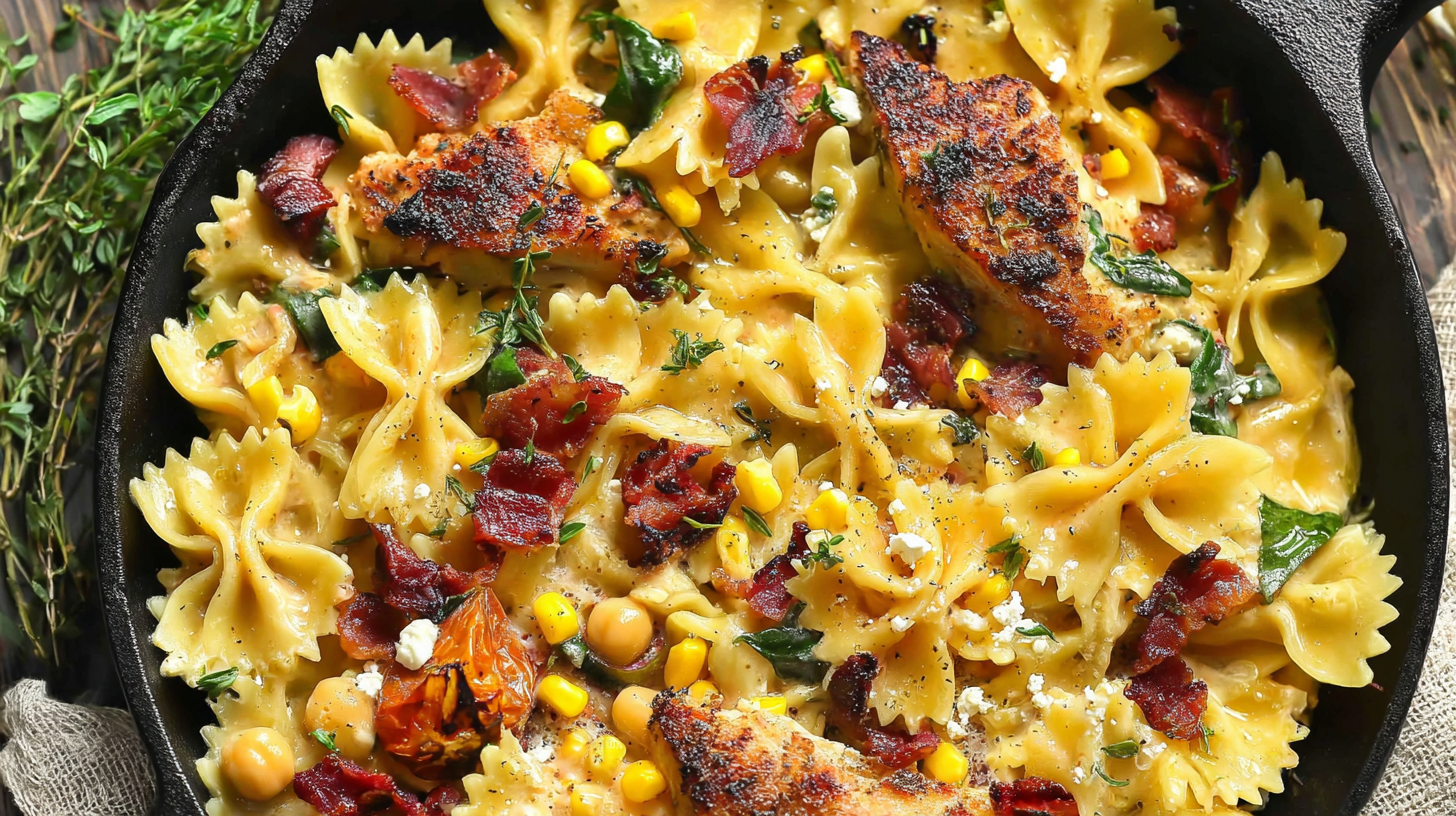 Creamy Chicken and Corn Pasta with Bacon in a bowl