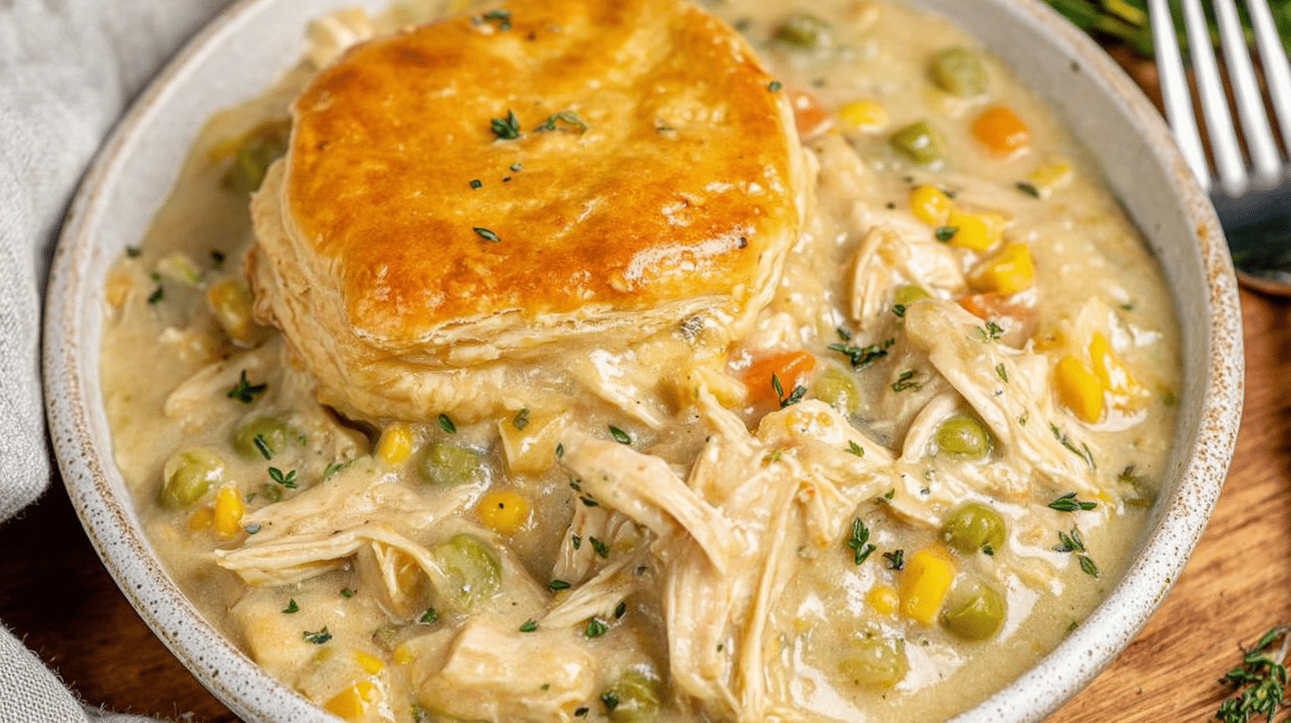 Bowl of Crockpot Chicken Pot Pie with Biscuits
