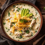 Bowl of Instant Pot White Chicken Chili with toppings