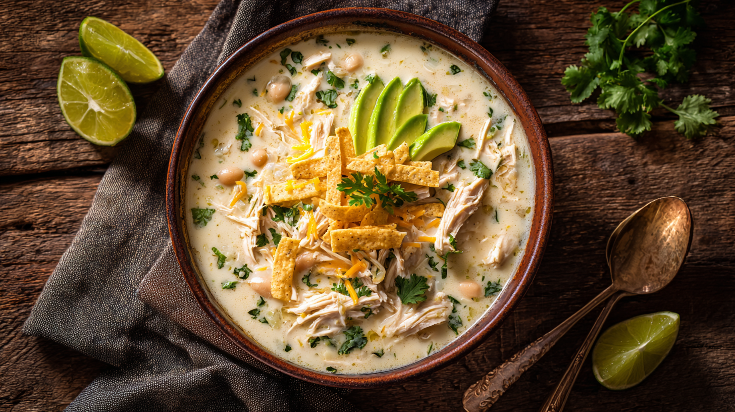 Bowl of Instant Pot White Chicken Chili with toppings