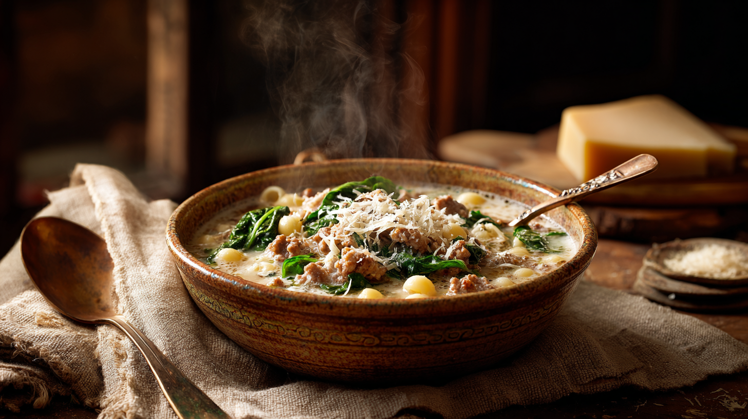 Creamy Parmesan Italian Sausage Ditalini Soup in a rustic bowl