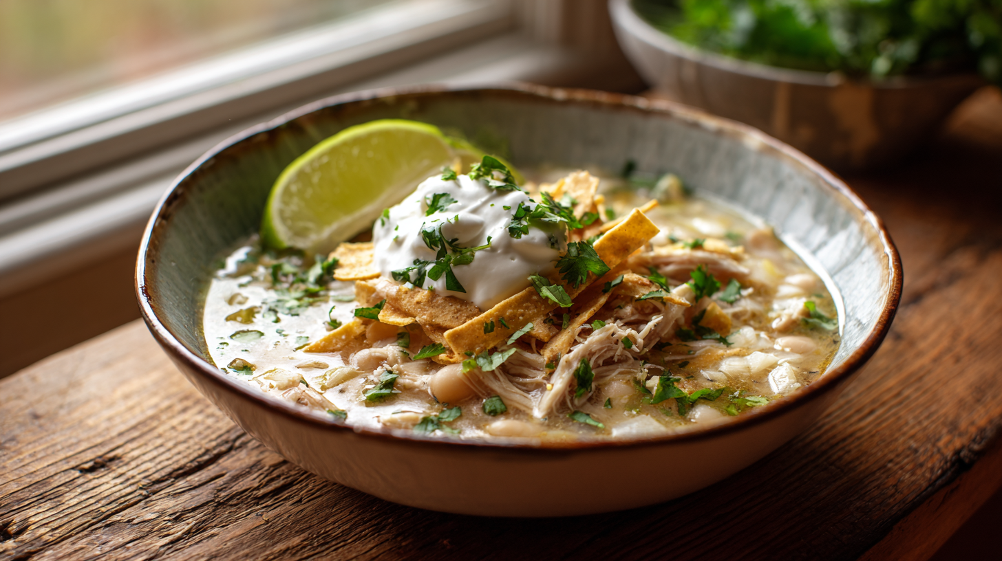 White Chicken Chili in a bowl with toppings