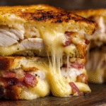 Cheddar and bacon turkey melt on sourdough with gooey cheese