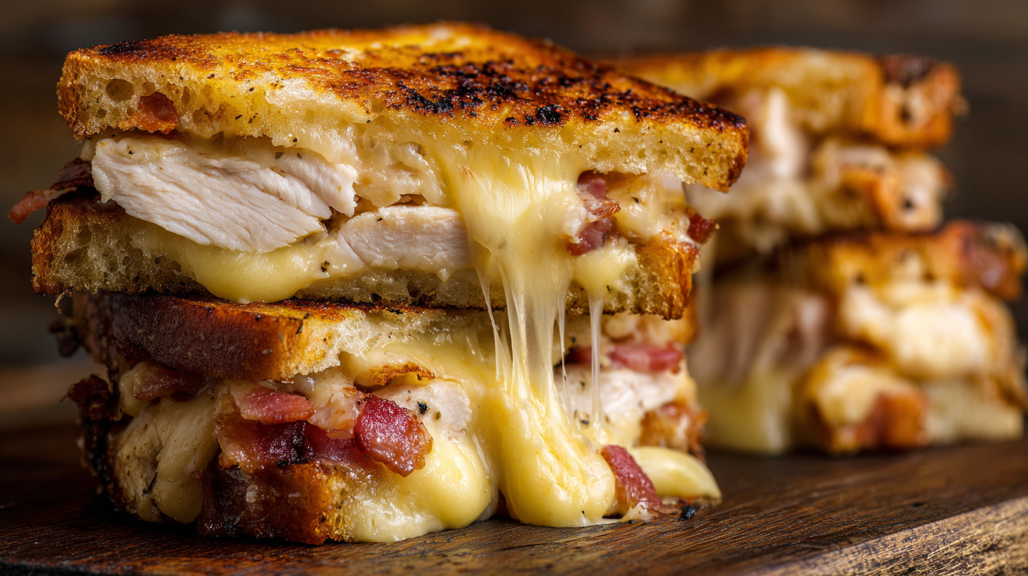 Cheddar and bacon turkey melt on sourdough with gooey cheese