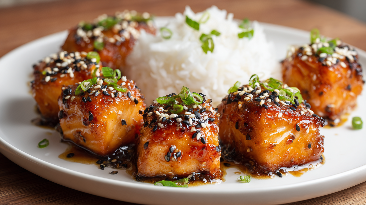 Crispy honey garlic salmon bites served on a white plate