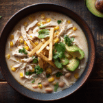 Bowl of Crockpot White Chicken Chili with creamy toppings