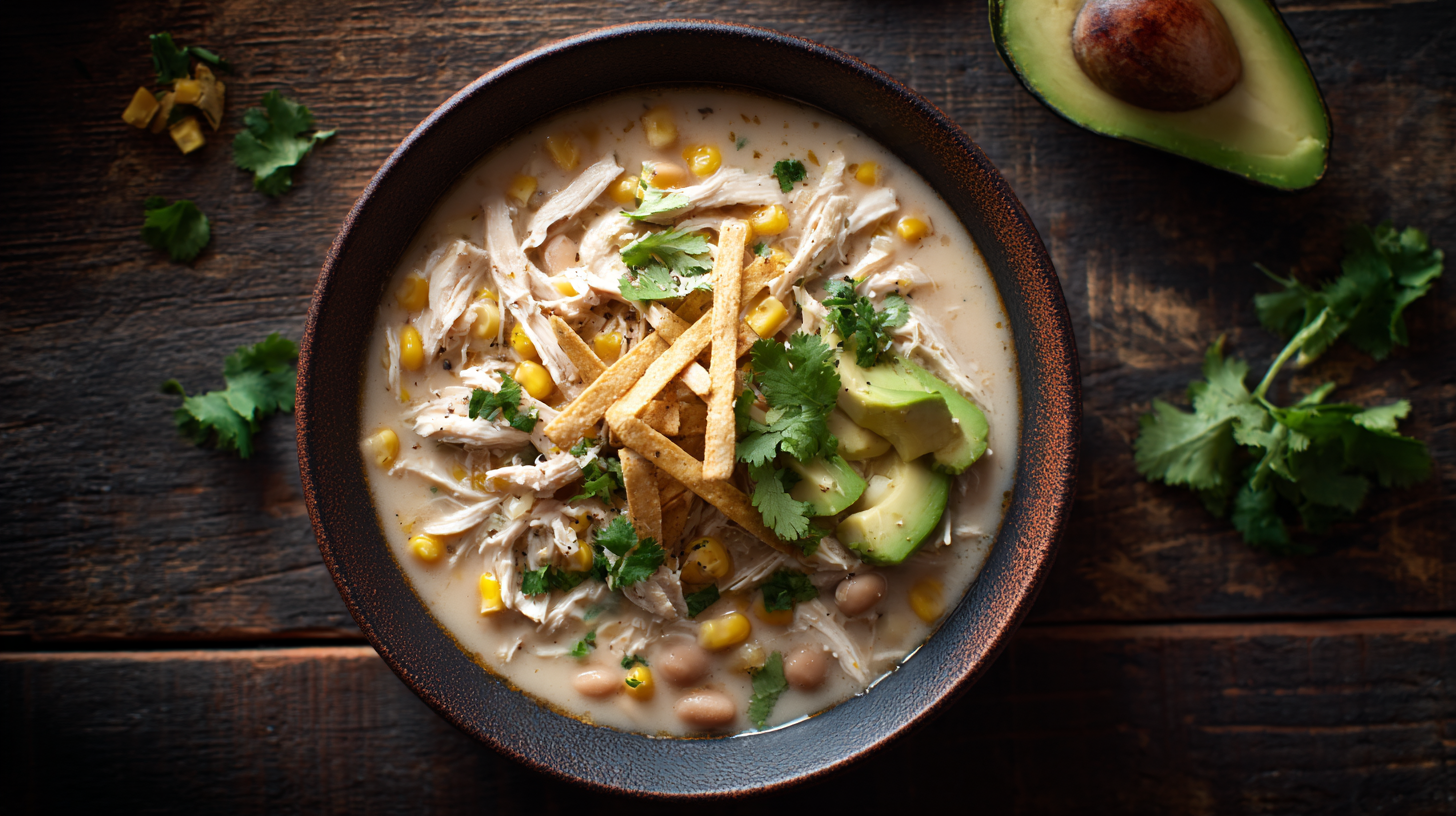 Bowl of Crockpot White Chicken Chili with creamy toppings