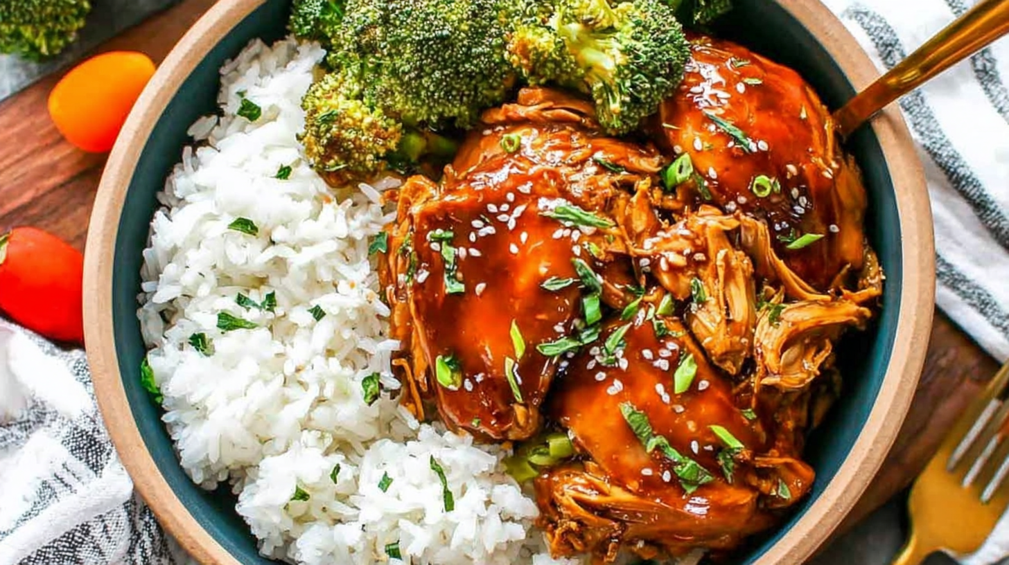 Crockpot Teriyaki Chicken with rice and garnish