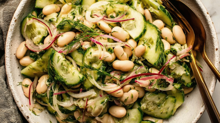White bean cucumber salad with dill in a rustic bowl
