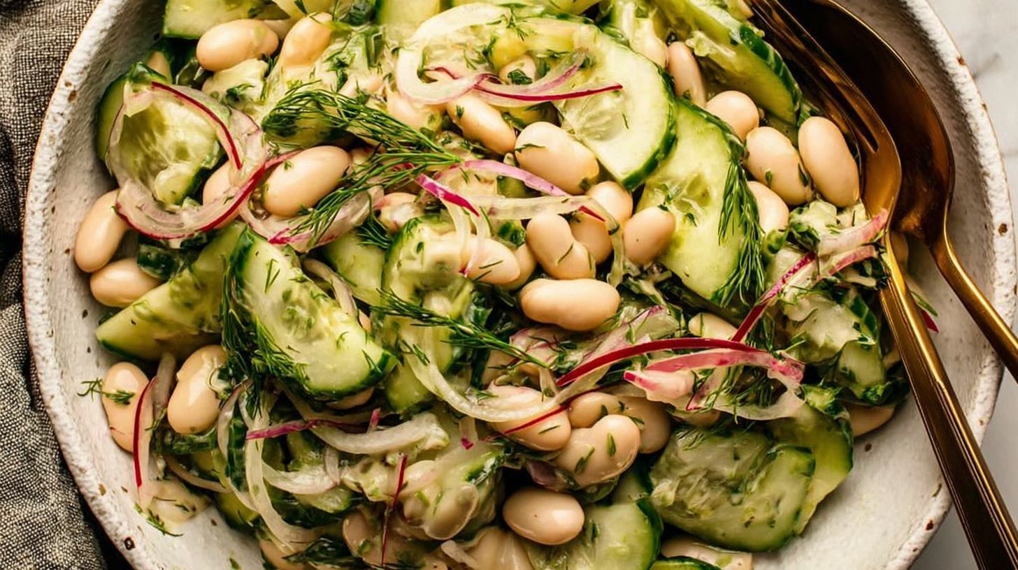 White bean cucumber salad with dill in a rustic bowl