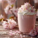 Sakura latte in a glass mug with floral garnish