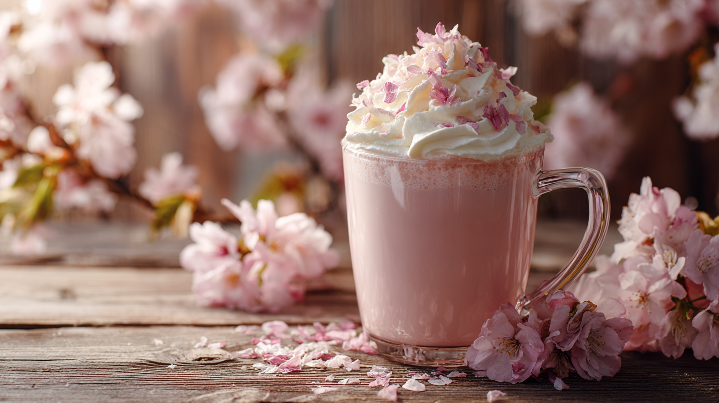 Sakura latte in a glass mug with floral garnish